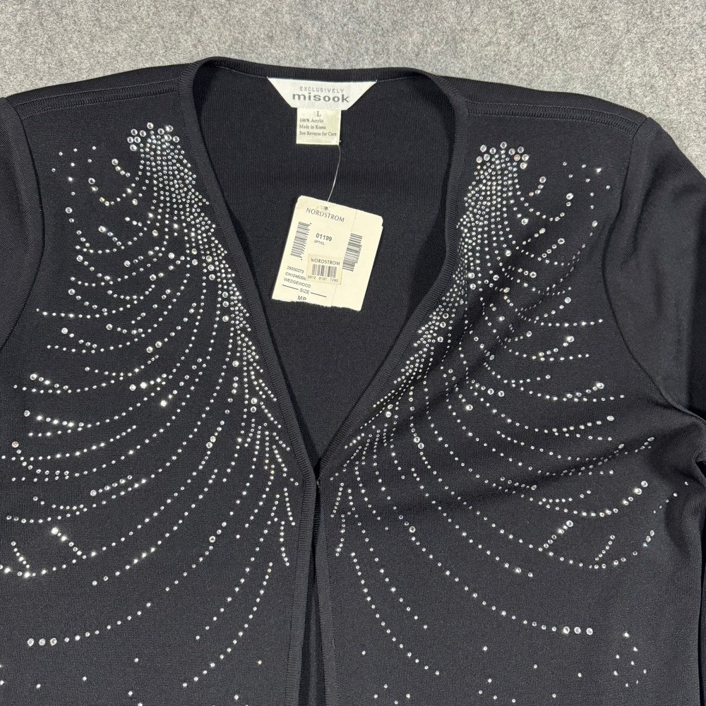 Misook Jacket Women L Black Rhinestone Embellished Open Front Knit Shoulder Pads - Picture 3 of 11